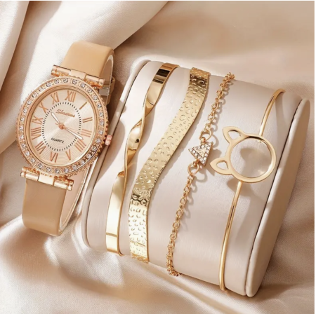 5pcs/set Women's Watch Luxury Rhinestone Oval Pointer Quartz 